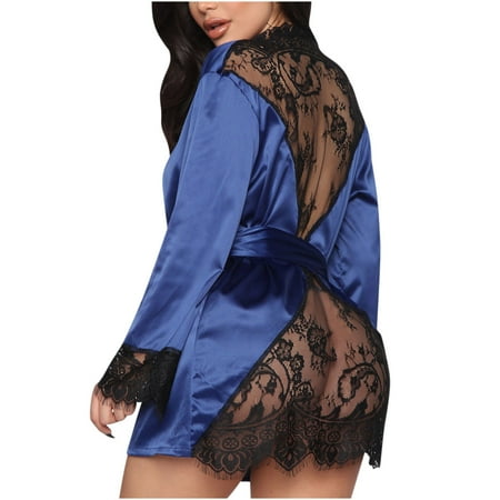 

Utoimkio Flannel Pajamas for Women Women s Fashion Sexy Nightgown Cardigan Soild Lingerie Lace Splicing Satin Nightwear