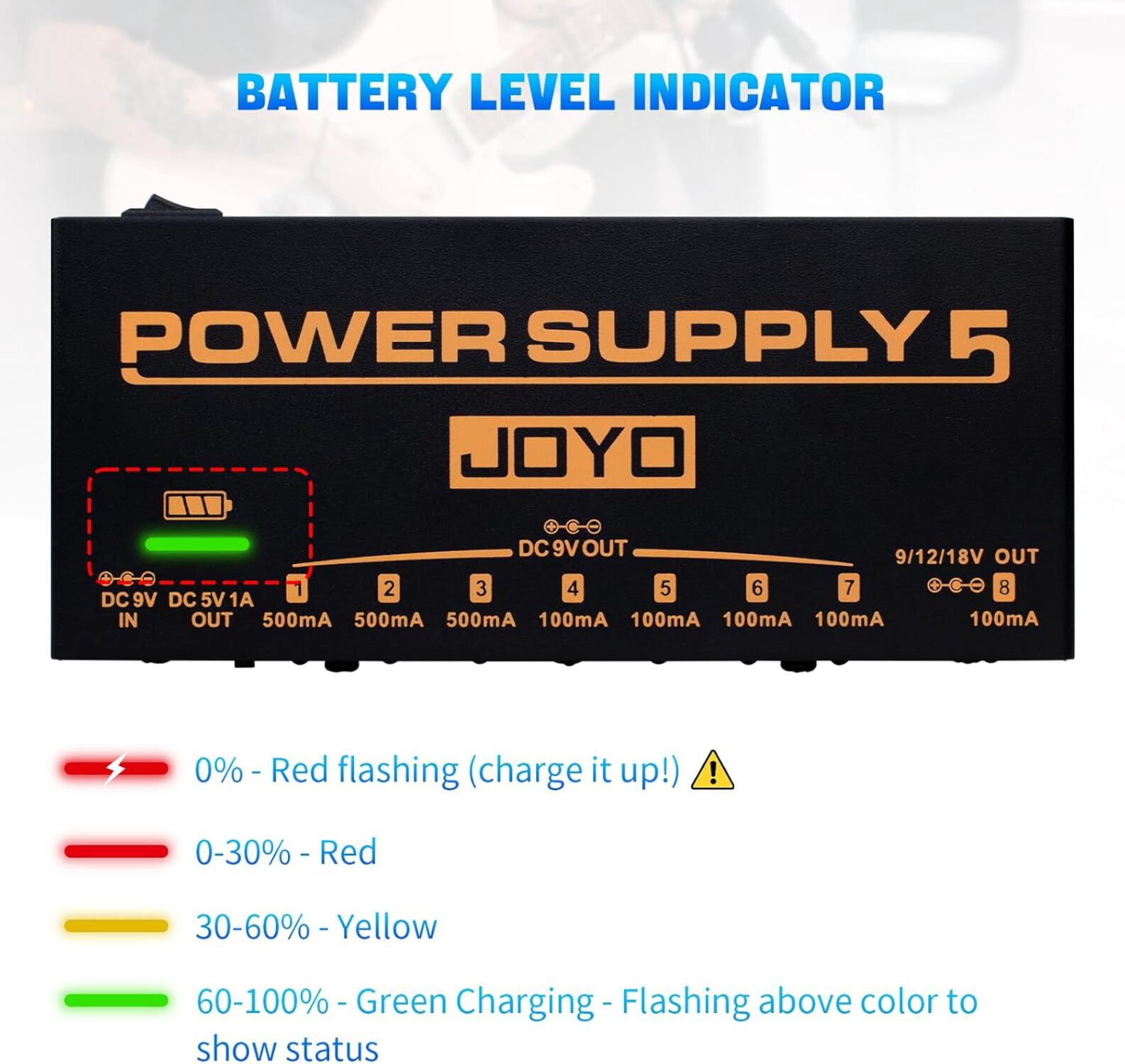 JOYO Pedal Power Supply 9V 12V 18V Built-in 4400mAh Rechargeable Battery with 8 DC Output