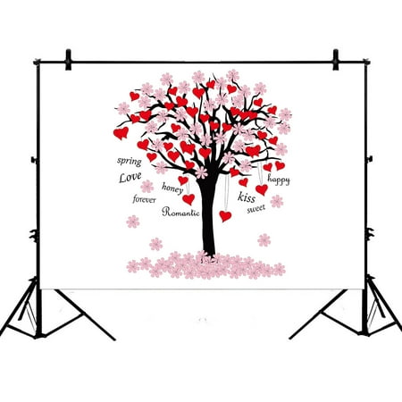 YKCG 7x5ft Spring Tree of Love Pink Red Valentine's Day Photography Backdrops Polyester Photography Props Studio Photo Booth Props