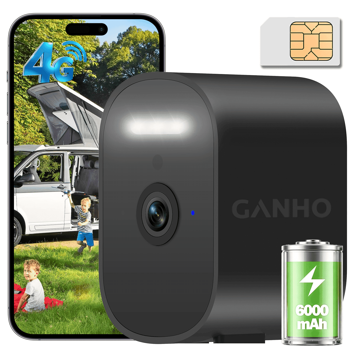 GANHO Cellular Security Camera, 2K 4G LTE Battery Powered Outdoor Camera with Night Vision & AI Human Detection, No WiFi Required