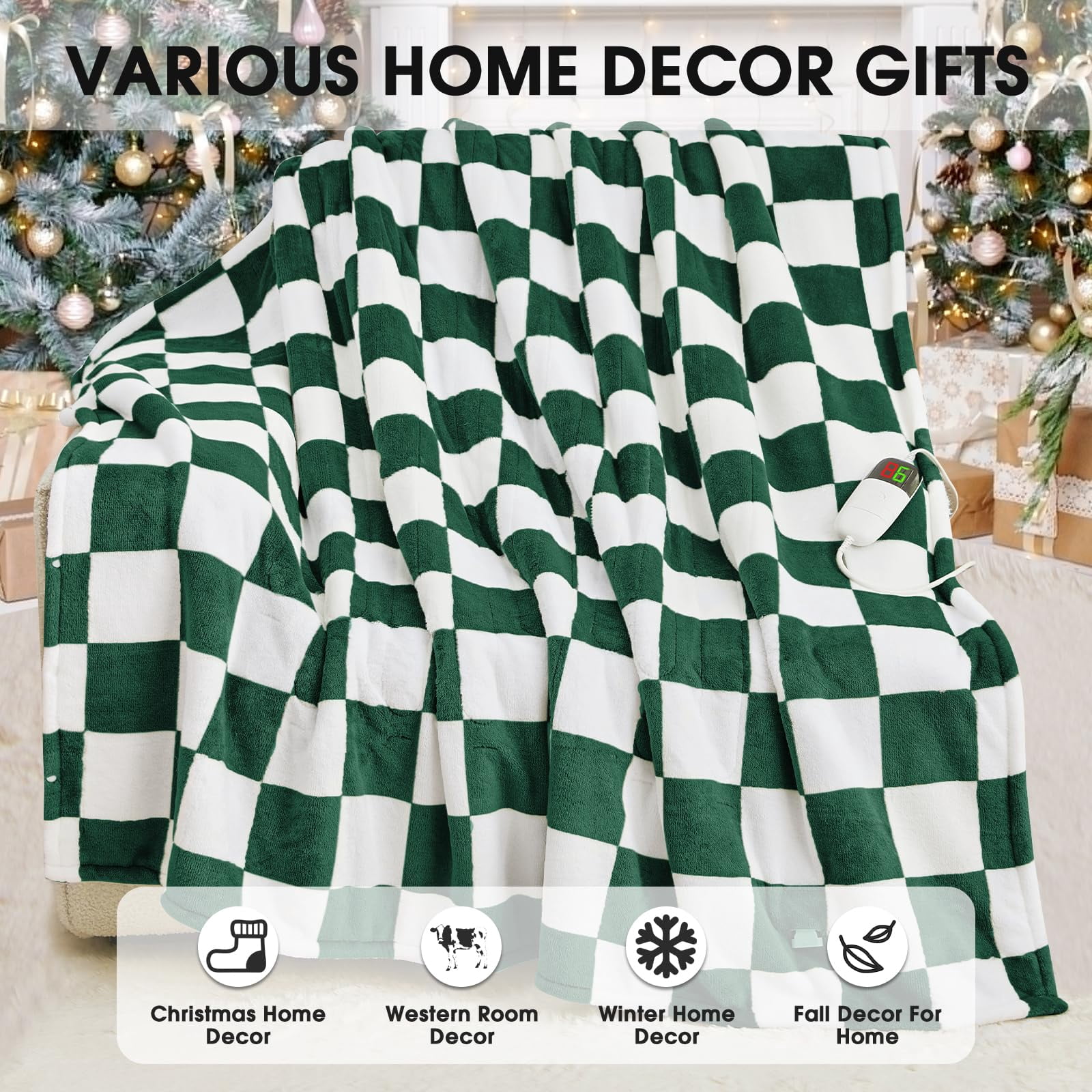 Heated Electric Blanket Throw  50x60 Heating With 10 Heat Level & 8 Hours Auto Off For Lap Dark Green Checkered Plaid Soft Sherpa Blankets Mothers Day Gifts Mom Grandma Women Couch