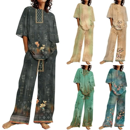 Brnmxoke Women Y2K 2 Piece Pants Set Oversized Vintage Floral Printed Loose Shirt High Waist Drawstring Pants Linen Outfits Summer Streetwear Yellow L