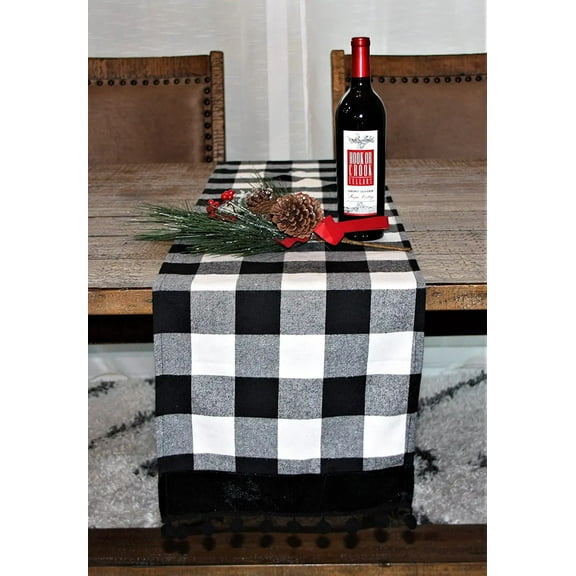 Plaid Table Runner – Buffalo Check Table Runner – Large Table Runner for Home Décor – Soft Cotton Blend – Premium Dining Table Runner for Christmas and Parties (72" Pom Pom Table Runner)