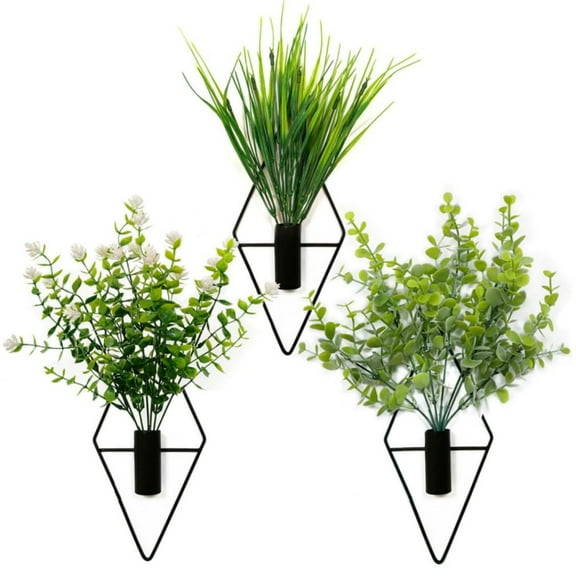 3 Pcs Hanging Planters with Artificial Plants, Dingrich Modern Geometric Wall Planter Metal Wall Vase for Home Living Room Bathroom Office Decoration (Black)