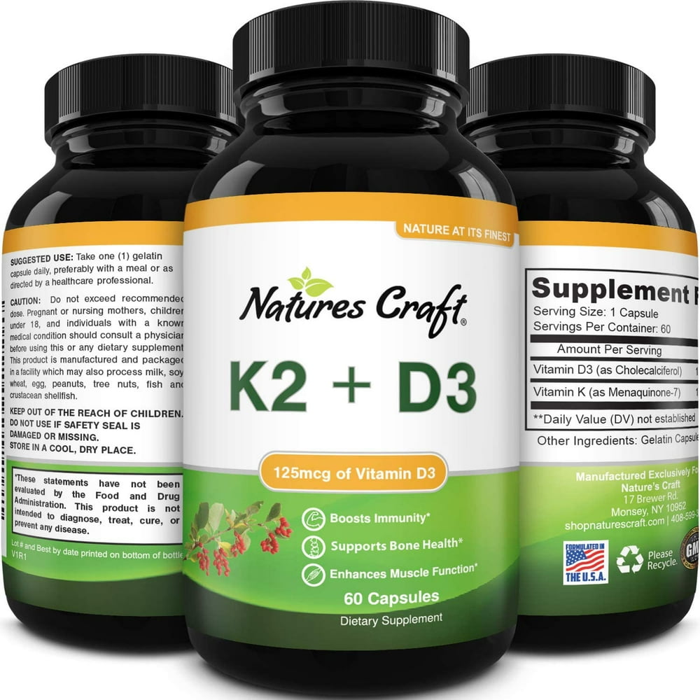 Vitamin D3 with K2 MK7 Supplement 5000 IU 60 Capsules and K2 for Immune