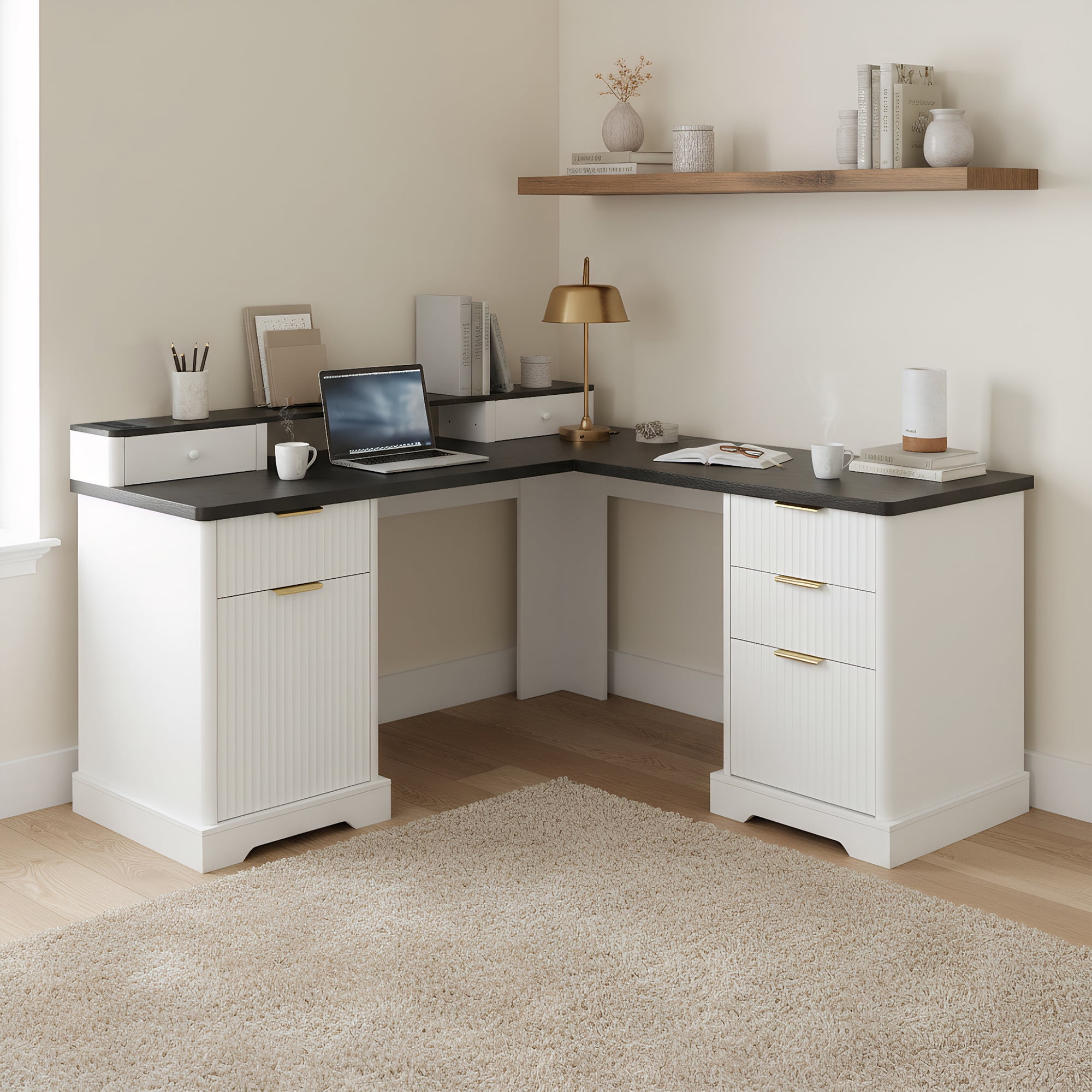 Mintazer 59" Modern Fluted L-Shaped Desk with Charging Station & Storage Drawers, Computer Desk with Monitor Stand & File Drawer for Study Living Room Home Office, White