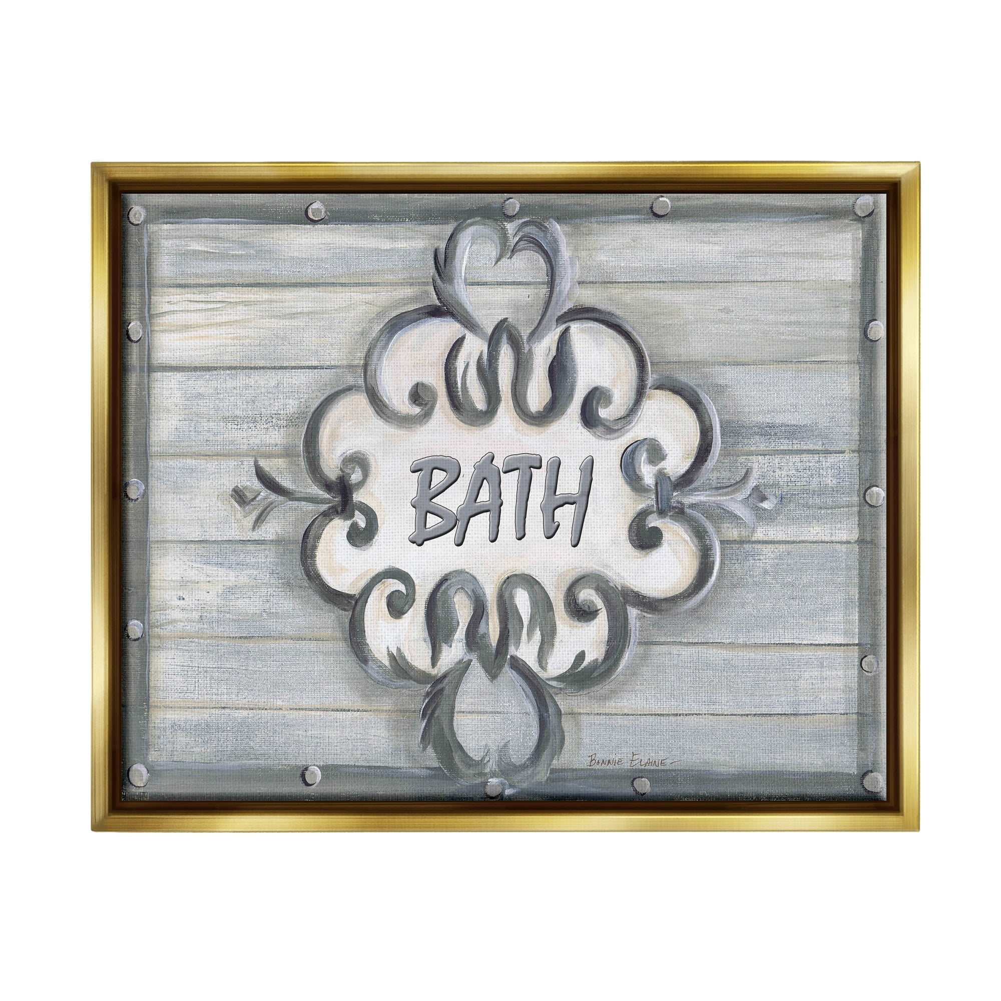 Stupell Industries Bath Grey Bead Board with Scroll Plaque Bathroom Metallic Gold Framed Floating Canvas Wall Art, 24x30, by Bonnie Wrublesky
