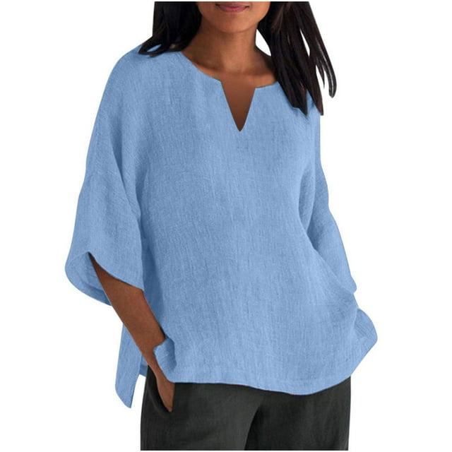 Dealovy Plus Size Shirts for Women 3/4 Sleeve Notch V Neck Cotton Linen Tops Summer Solid Color Tees