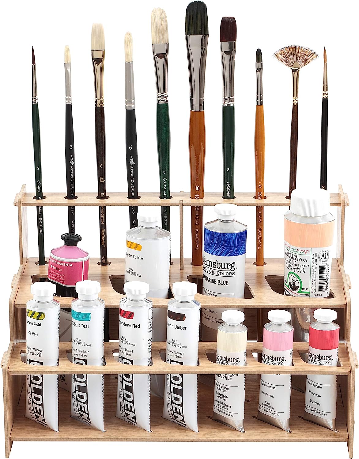 Mezzo Artist Paint and Brush Straight Rack 1 - Wood Grain Laminate Multi Layer Desk Stand Professional Storage Display Organizer for Paintbrushes and