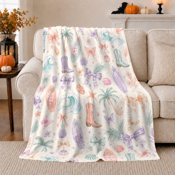 Pastel Bow Beach Western Flannel Blanket with Surfboards and Cowboy Boots, Palm Trees Waves Butterflies Throw for Bedroom and Nursery, Home Decor Gift for Coastal Girls