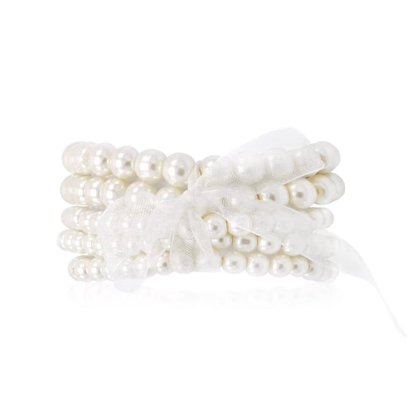 Cryshimmer 5 Pcs Cream Faux Pearl Bracelet Set for Women Beaded Stretch Strand Bracelets for Bridesmaid,Bridal,Party Jewelry
