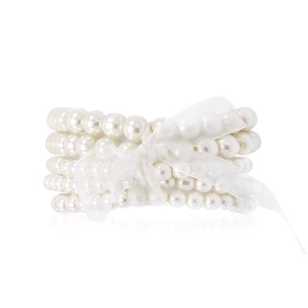 Cryshimmer 5 Pcs Cream Faux Pearl Bracelet Set for Women Beaded Stretch Strand Bracelets for Bridesmaid,Bridal,Party Jewelry