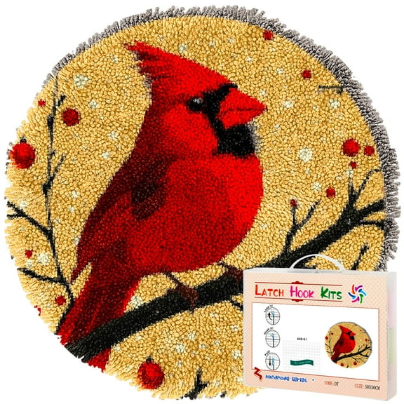 Latch Hook Rug Kit Red Northern Cardinal Stamped Handmade Round Shape Carpet Crochet Yarn Craft DIY Hook and Latch Door Mat Tapestry for Christmas Home Floor Decor 50x50cm(1)