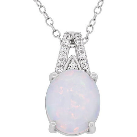 Created Opal and Created White Sapphire Sterling Silver Oval Split Bale Pendant, 18