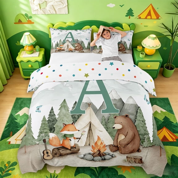 Catabedysis Boys Camper Bedding For Boys,Green A Alphabet Duvet Cover Full For Camping Lovers,Polkadot Reversible,3pcs,1 Duvet Cover and 2 Pillowcases