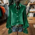 thumbnail image 2 of Lenpel Velvet Tops for Women Vintage Ruffle Lantern Long Sleeve Collared Velour Button down Shirts Dressy Casual Tunic Blouses(Green,X-Large), 2 of 7
