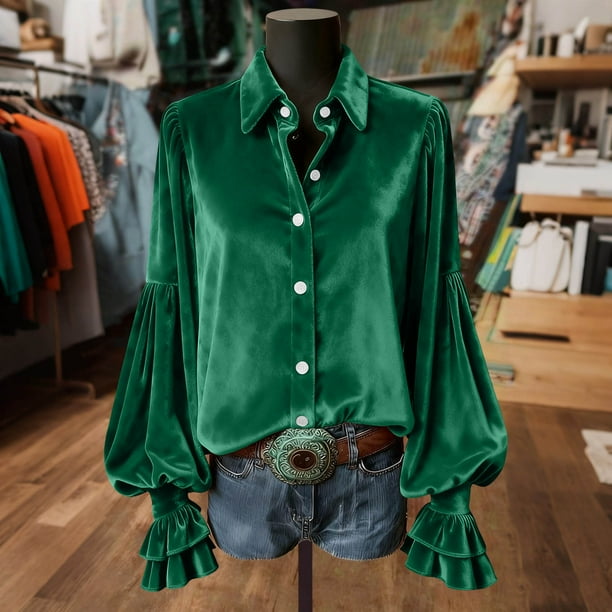 Ounisa Women's Velvet Tops Dressy Casual Long Sleeve Smocked Work Blouses Trendy Blusas Elegantes Button Down Shirts