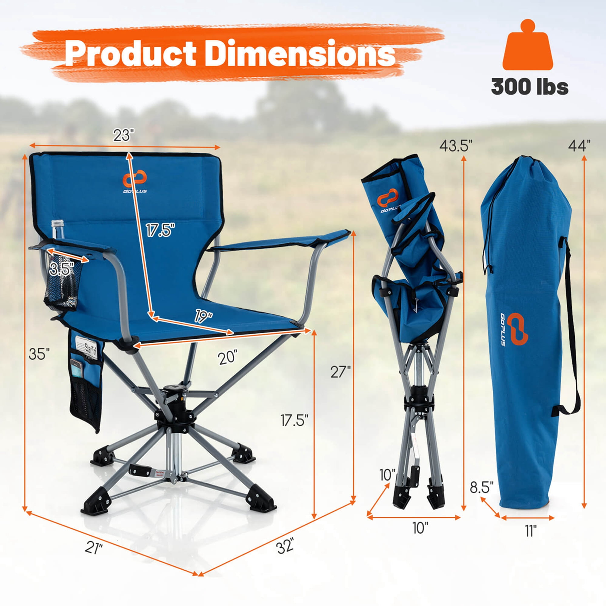 Goplus 360° Swivel Hunting Chair with Mesh Cup Holder & Storage Pockets Cozy Backrest Blue