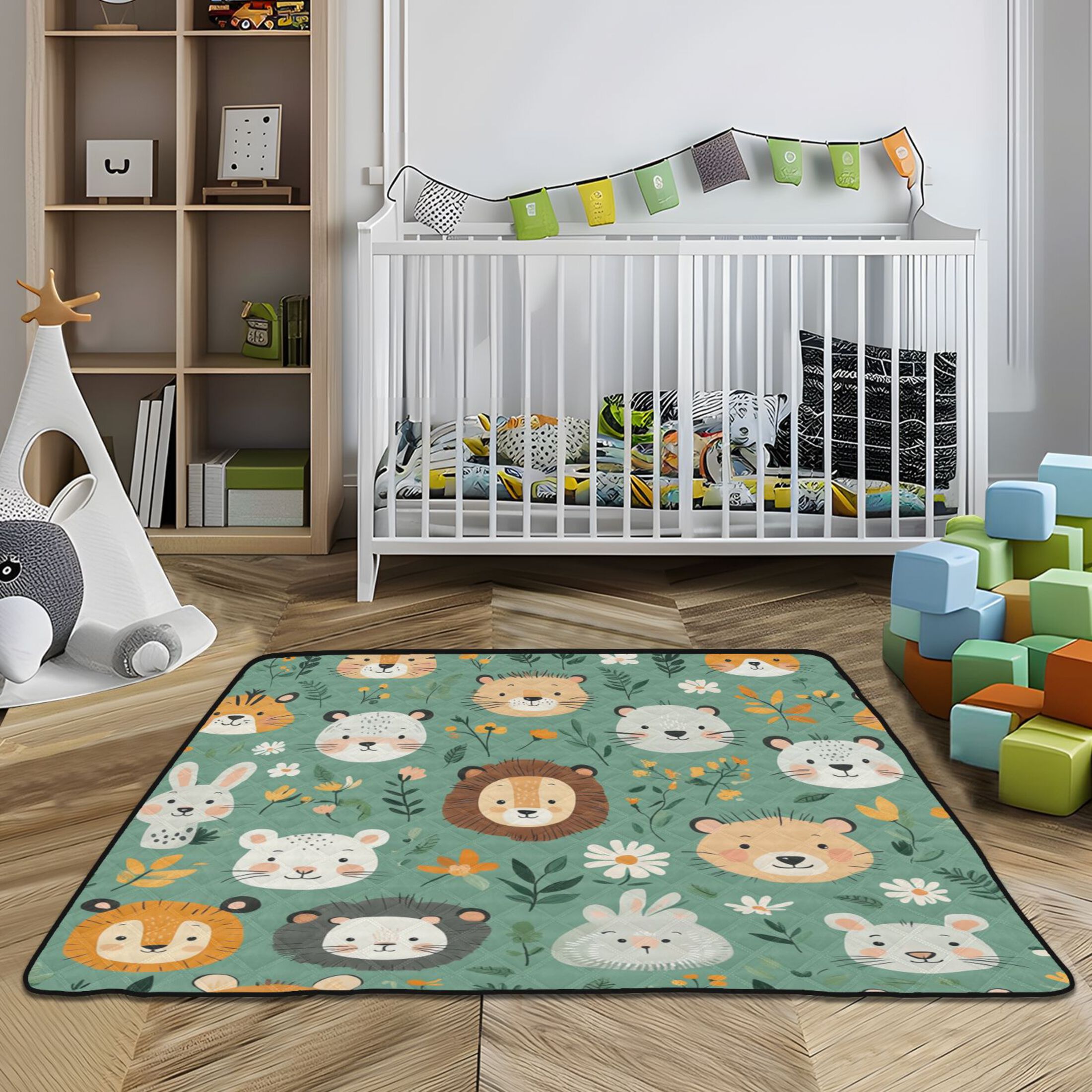WOBOGO Cute Animal Faces in A Seamless Jungle Pattern Baby Playmats Extra Large Waterproof Rollable Activity Pads for Toddlers 50×50inch