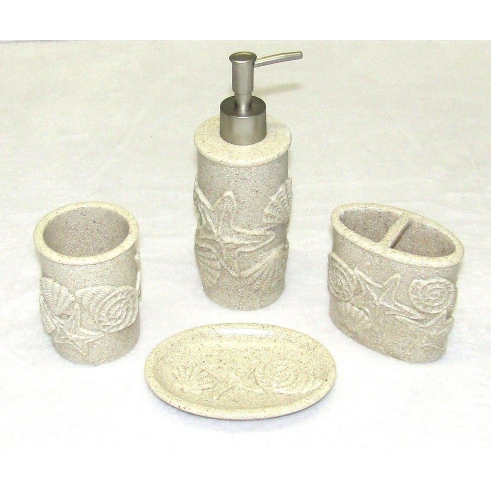 4Piece Bathroom Ceramic Ocean Accessory Set Beige Sea shells