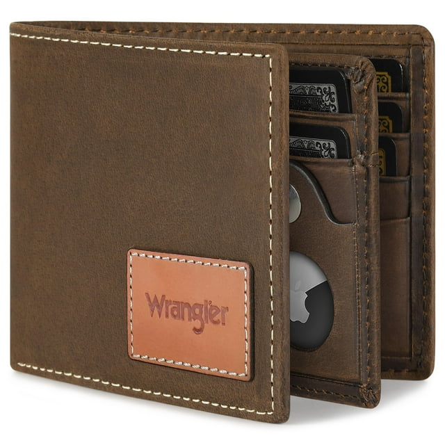 Billetera Wrangler para hombre, piel auténtica, con bloqueo RFID, doble pliegue