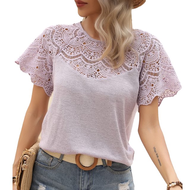 Camiseta de Mujer Cuello Redondo Manga Corta Costuras de Encaje de Color Puro para Viajes al Aire Libre Púrpura XL