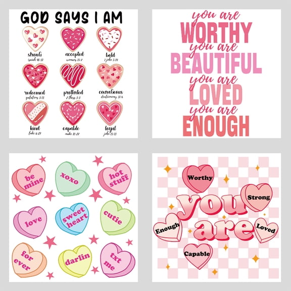 4Pcs Pink Hearts Heat Transfer Stickers Bible Saying Iron on Transfers Inspirational Quotes Iron on Patches Stickers Washable Heat Transfer Paper