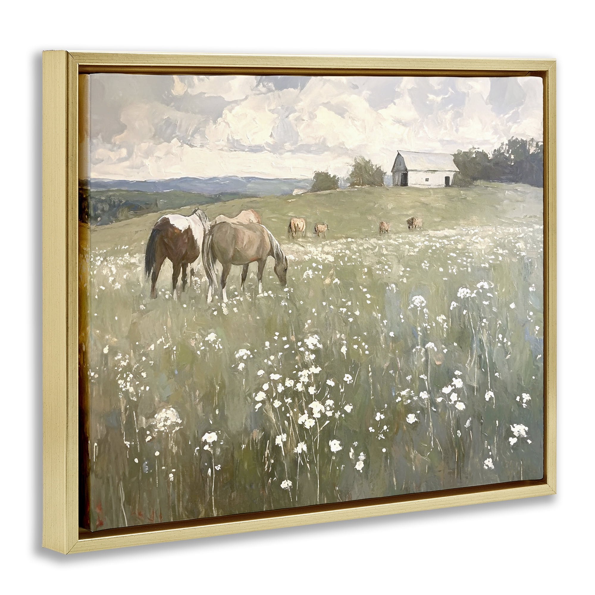 Stupell Industries Horses in Pasture Landscape Painting Gold Floater Framed Canvas Art Print Wall Art, 21 x 17