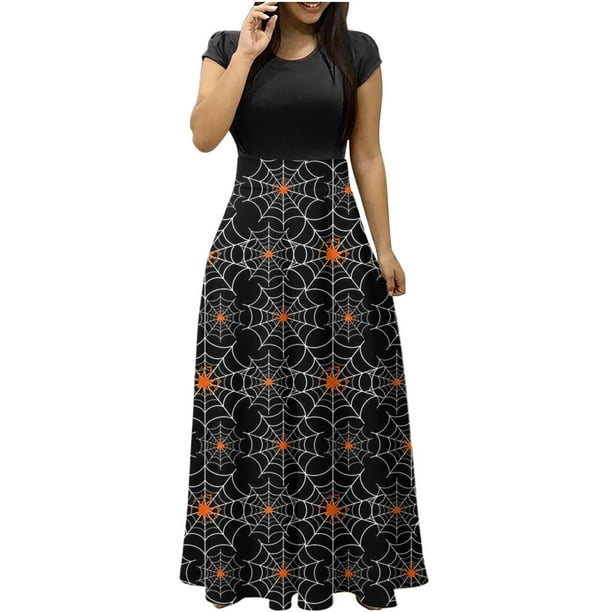 Vestido largo colorido con estampado de Halloween para mujer vestidos estampados de manga corta vestido playero informal Maxi Pompotops ghjkhdj13763