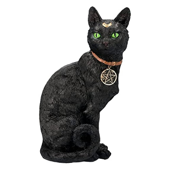 Pacific Giftware Realistic Black Cat Sculpture with Crescent Moon and Wicca Charm 12‚Äù Tall