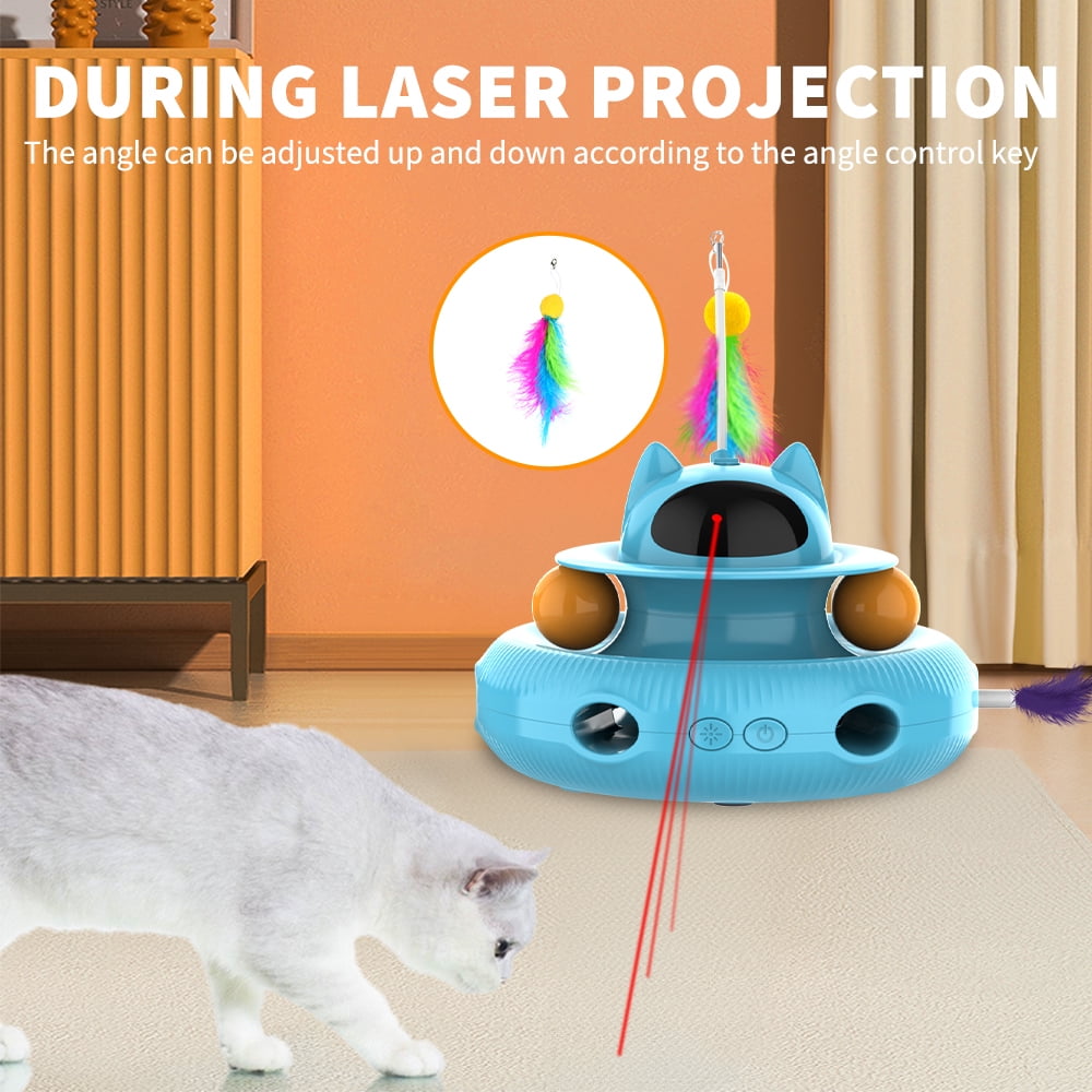 Cornmi 4 in 1 Indoor Interactive Cat Toy with Laser & Retractable Feather Wand, USB Rechargeable, Blue