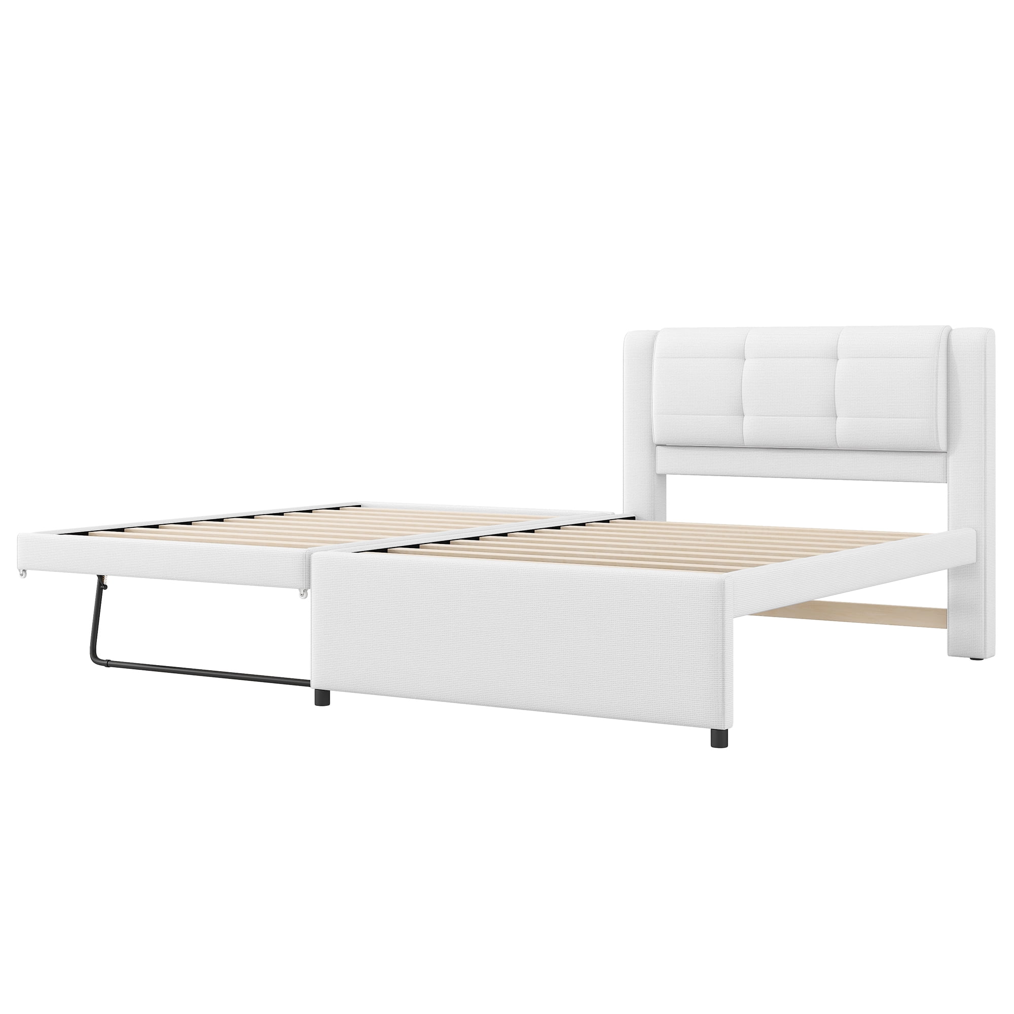 Euroco Upholstered Twin Platform Bed with Pop-up Twin Trundle for Bedroom, 2 Beds in One, Beige