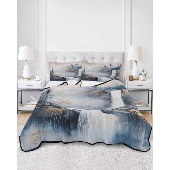 Quilts Queen Size, Navy Blue Mountain Soft Comforter Bedding Set for Bed, Vintage Abstract Art Lightweight Quilted Bedspread with Pillow Cover(2 Pieces) for All Season, 90x96 Inch