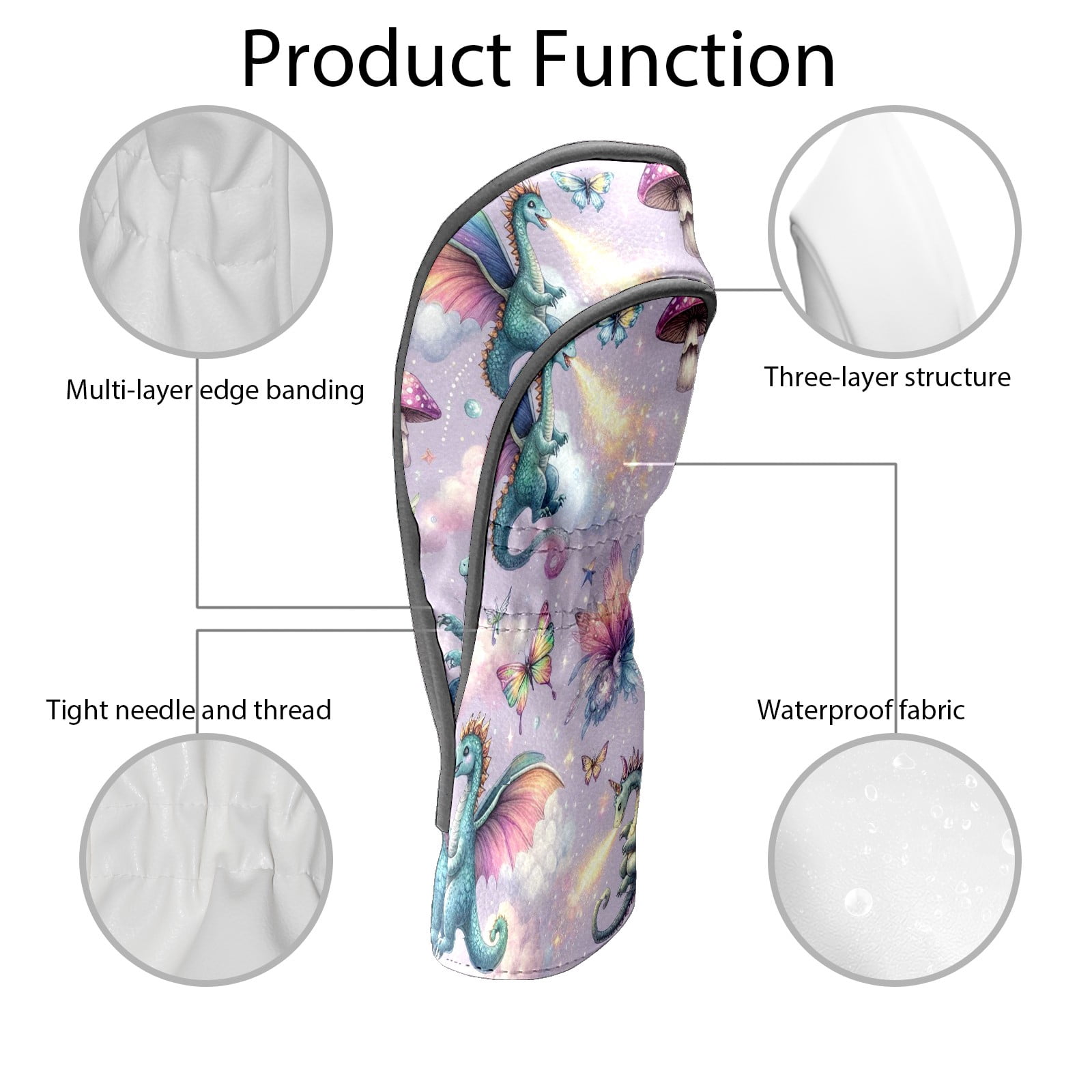 Golf Club Covers, Lavender Magical Creatures Premium PU Leather Driver Hybrid Putter Head Covers with Velvet Lining, Waterproof Golf Gifts for Men Women