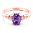 thumbnail image 2 of Gem Stone King 18K Rose Gold Plated Silver Purple Amethyst and White Moissanite 3-Stone Rings for Women (1.23 Cttw, Gemstone February Birthstone, Oval 8X6MM, Available in Size 5, 6, 7, 8, 9), 2 of 5