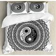 thumbnail image 1 of Black and White Duvet Cover Set King Size, Asian Yin Yang Symbol with Flowers Tattoo Style Mandala Illustration, Decorative 3 Piece Bedding Set with 2 Pillow Shams, Black and White, by Ambesonne, 1 of 3