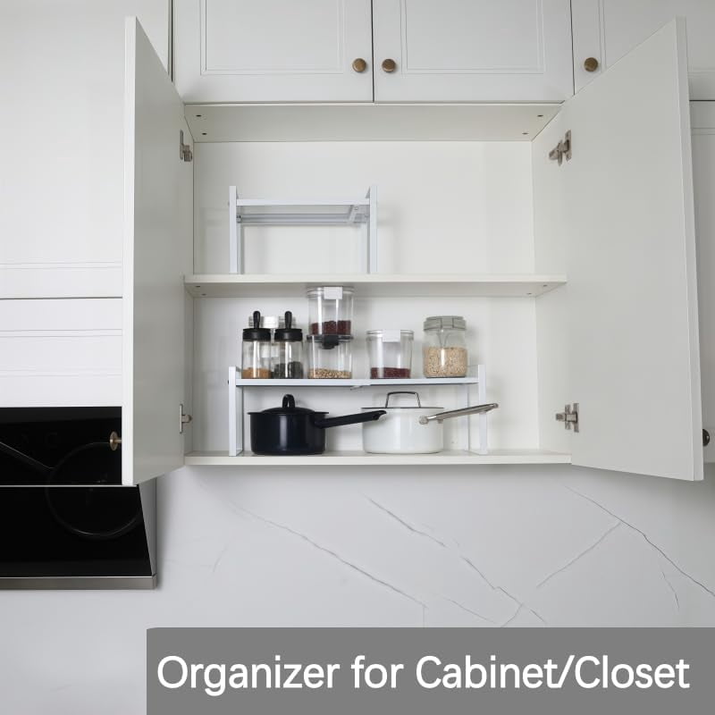 RGHJAR-Expandable Cabinet Shelf Organizer Riser for Kitchen Pantry Cupboard Under Sink Countertop (White, 8.2’’D * 12.2-21.6’’W * 7.7’’H)