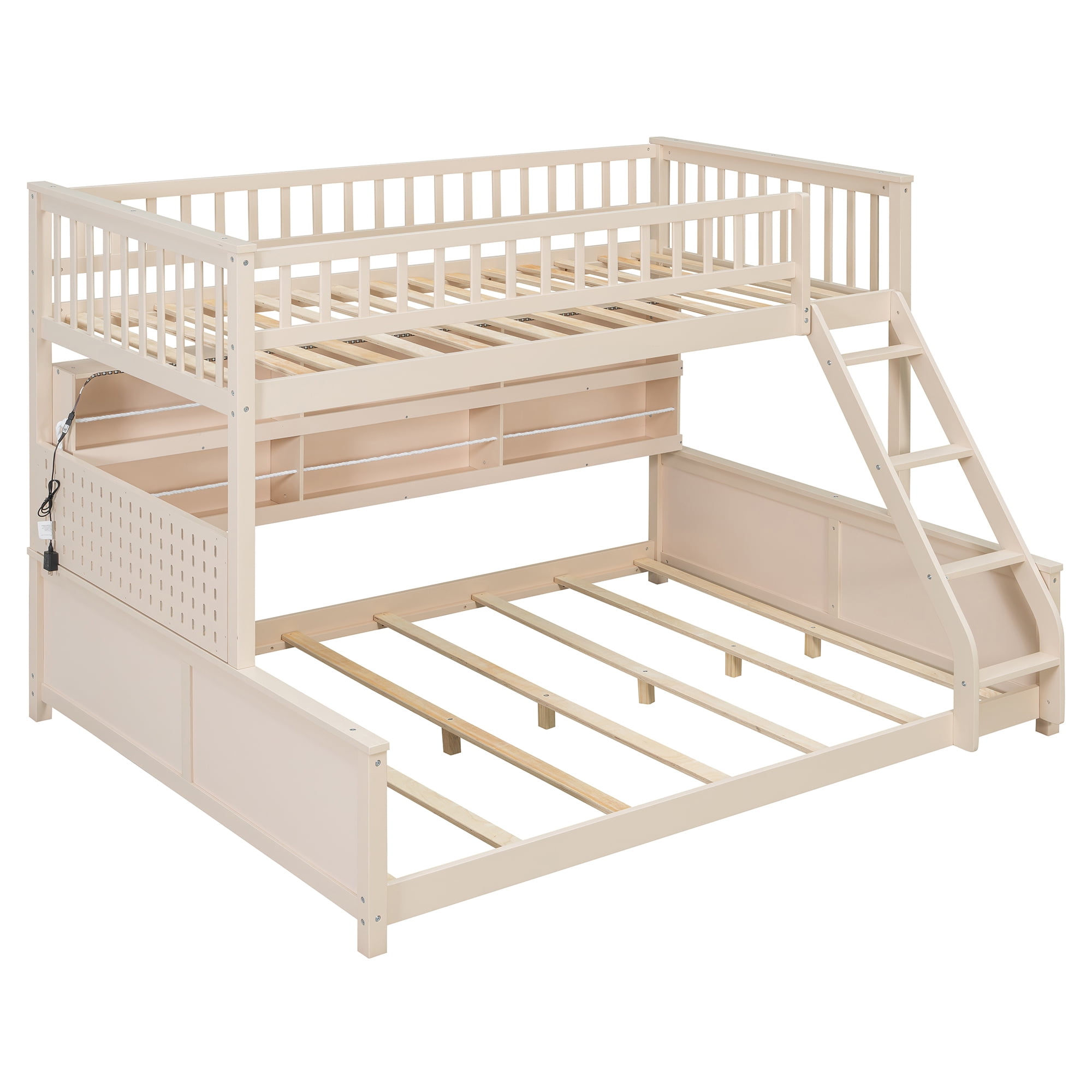 Twin XL over Queen Bunk Bed with Integrated Side Storage Shelves and Color-Changing LED Lights, Solid Wood Bunk Bed Frame with Integrated Shelving and Pegboard for Kids Teens Adults