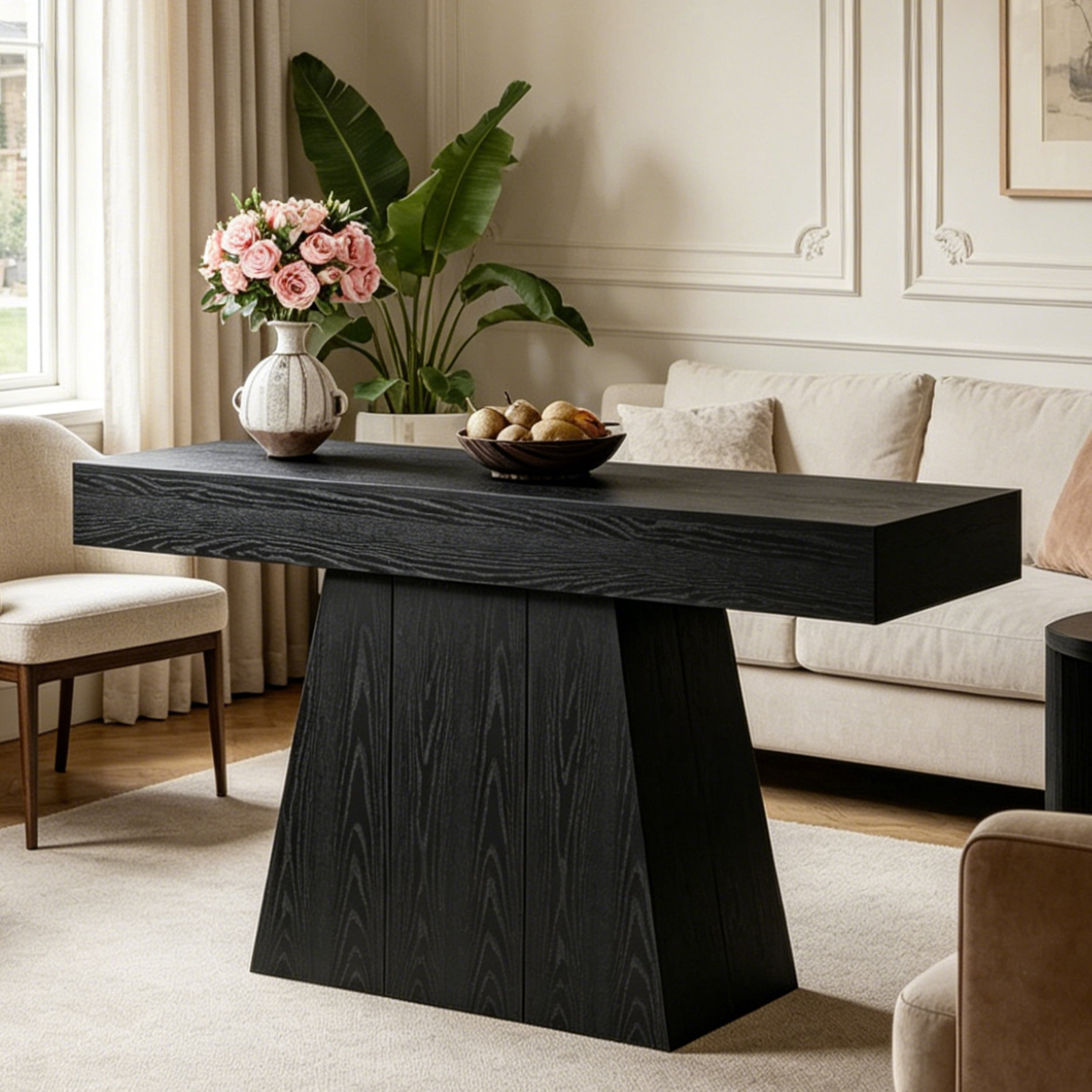 Fnova 63" Farmhouse Console Table, Narrow Wooden Entryway Table, Geometric Base Sofa Table for Living Room, Hallway, Black