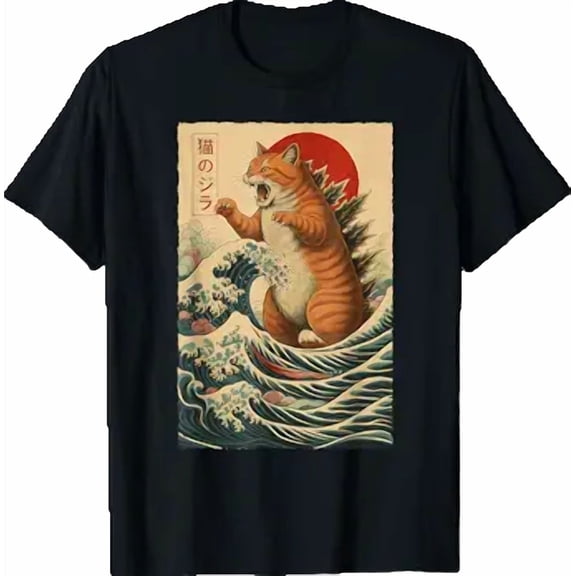 Vintage Catzilla Orange Tabby Cat Lover Funny Japanese Art T-Shirt