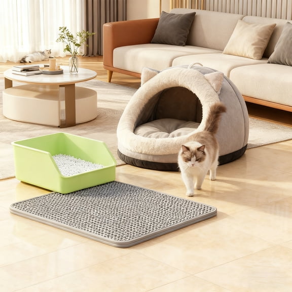 Cat Litter Mat, Large Litter Trapping Mat for Litter Box with Honeycomb Design, Waterproof Non Slip Double Layer Catcher Mat for Floor, Easy Clean Scatter Control Mat,Gray