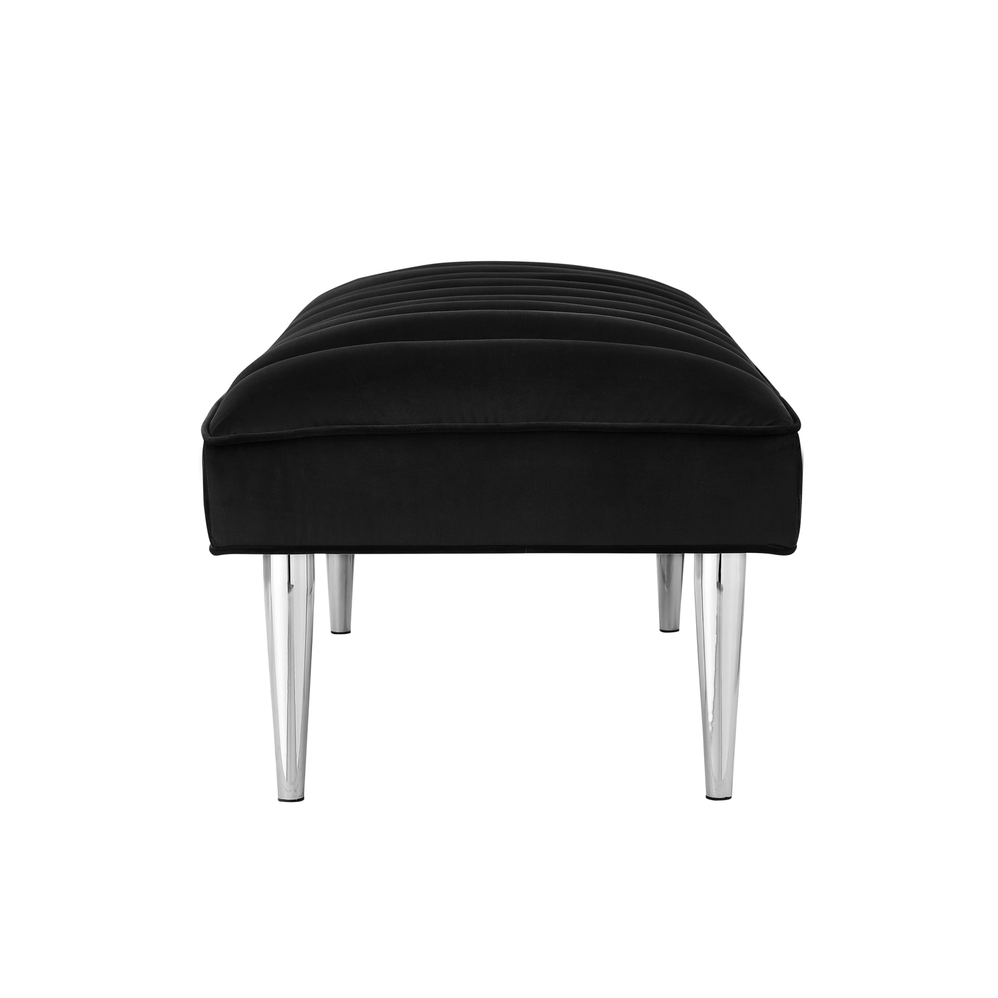 Bodie Black/Chrome Velvet Bench - Upholstered, Channel Tufted, Tapered Mirrorred Lacquer Finish Stainless Steel Legs