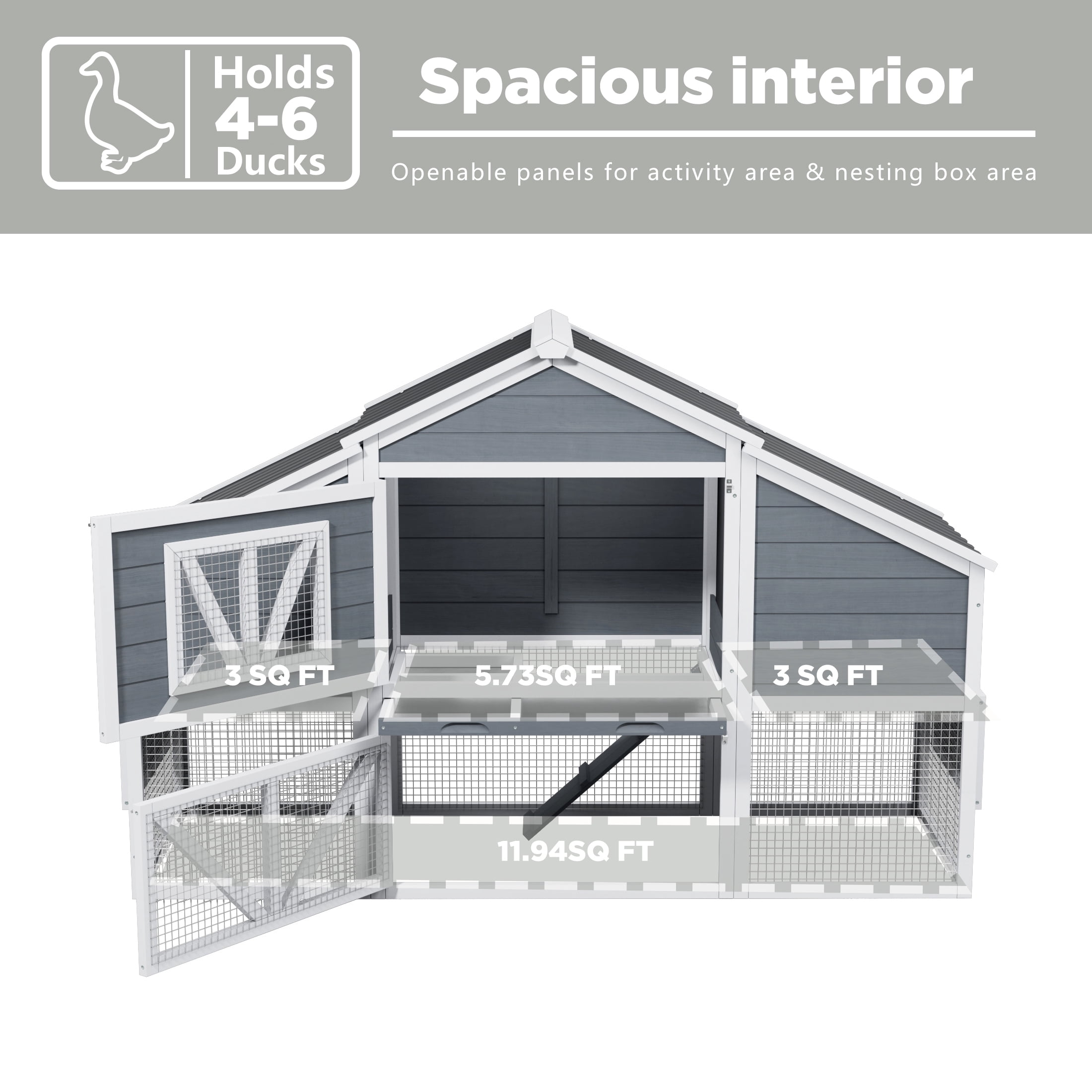 Outdoor 2 Story Duck Coop with 4 Nesting Boxes, Predator Proof Duck House for 4-6 Ducks, 66.2",White & Gray