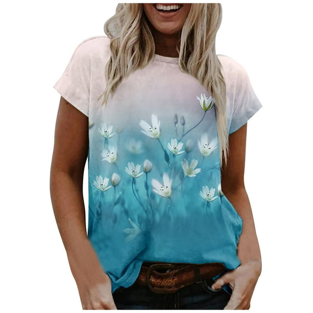 Heliisoer Hauts pour Femmes, Liquidation d'Été Mode Femme Décontractée Col Rond Imprimé Blouse Manches Courtes T-Shirt Hauts d'Été