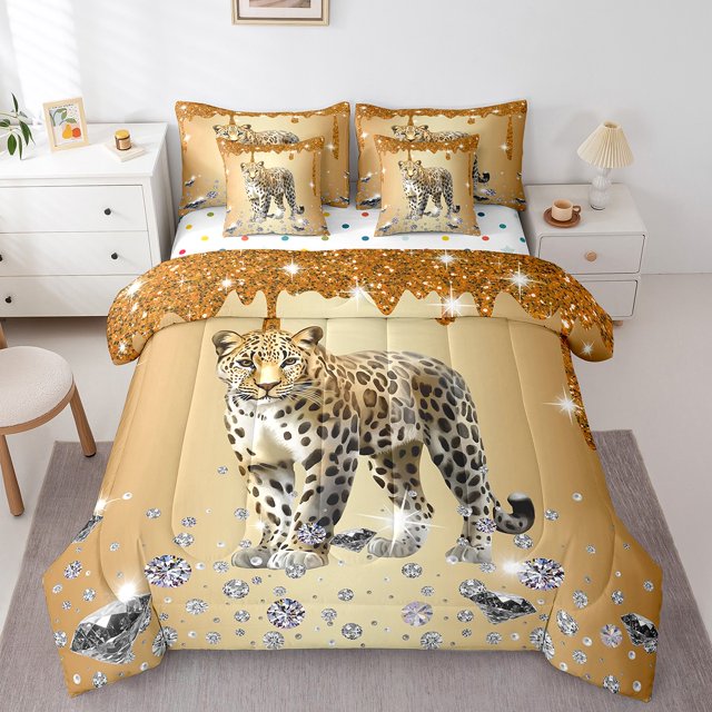 Leopard Bed in a Bag Queen Comforter Set 7 Piece,Brown Sequin Fluid Art Comforter and Sheet Set,Crystal Diamond Bedding Set,African Safari Animals Bed Set Wild Animal Cheetah Room Decor