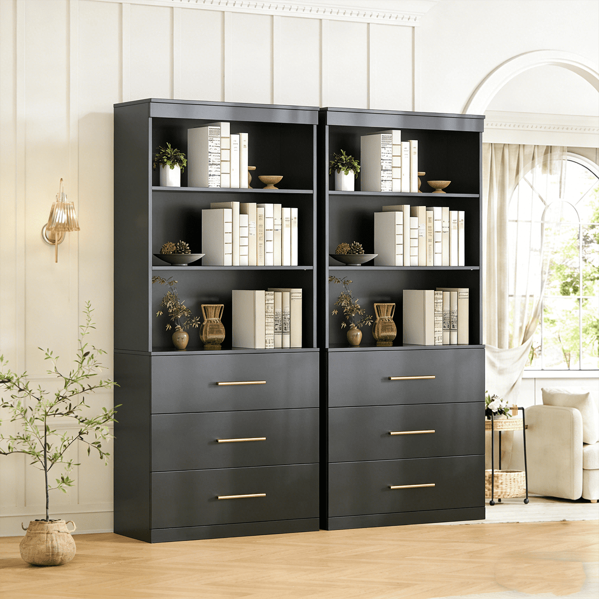 Frmobepts 71" Tall Bookcases with 3 Large Drawers & 3 Shelves, Wooden Bookshelf for Living Room Office, Black