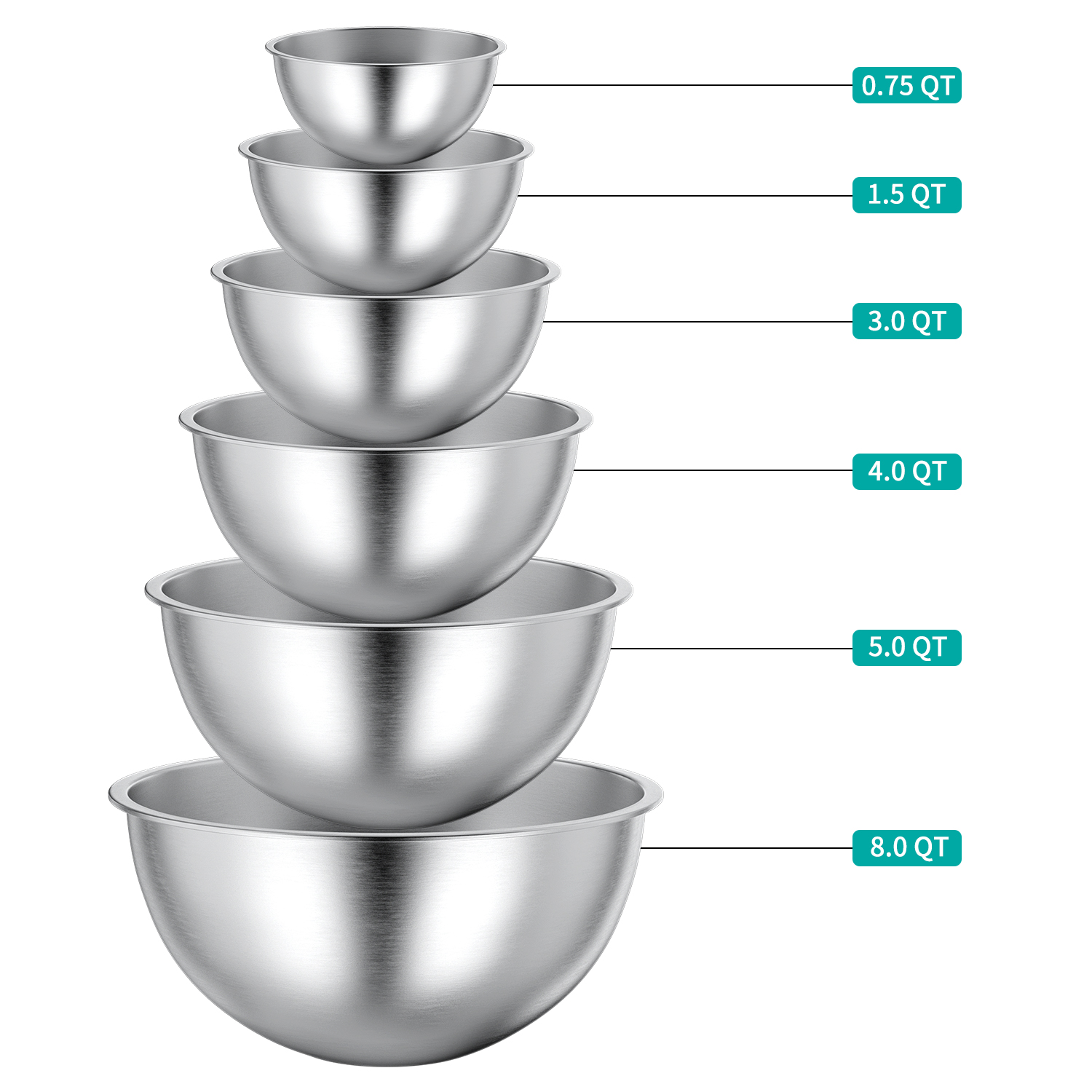 TINANA Mixing Bowls Set, Stainless Steel Mixing Bowls, 6 PCS Metal Nesting Storage Bowls for Kitchen, Size 8, 5, 4, 3, 1.5, 0.75 QT, Great for Prep, Baking, Serving - image 3 of 7