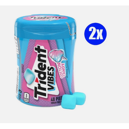 Trident Vibes Sugar Free Gum, Cotton Candy, Regular Size, 40 Piece Bottle (Pack of 2)