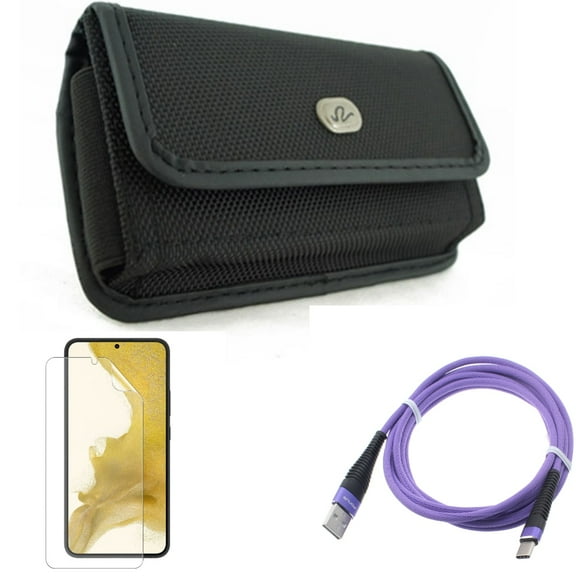 Matte Screen Protector & 6ft USB Cable & Case Belt Clip for Samsung Galaxy S22 (6.1") - TPU Film Anti-Glare & Purple Type-C & Rugged Holster Accessory Bundle