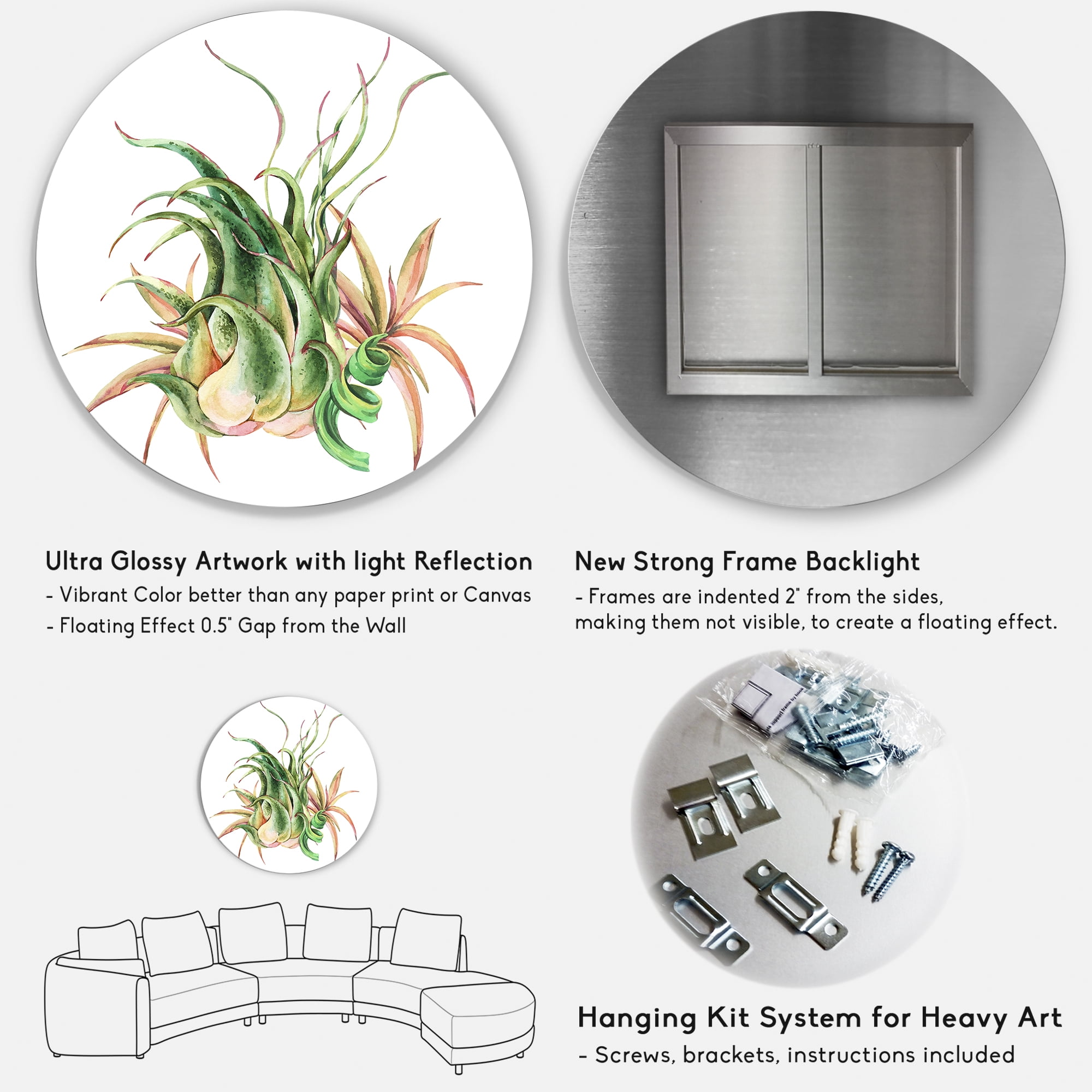 Designart 'Tropical Leaves Air Plant Succulent On White' Farmhouse Circle Metal Wall Art 11x11 - Disc of 11